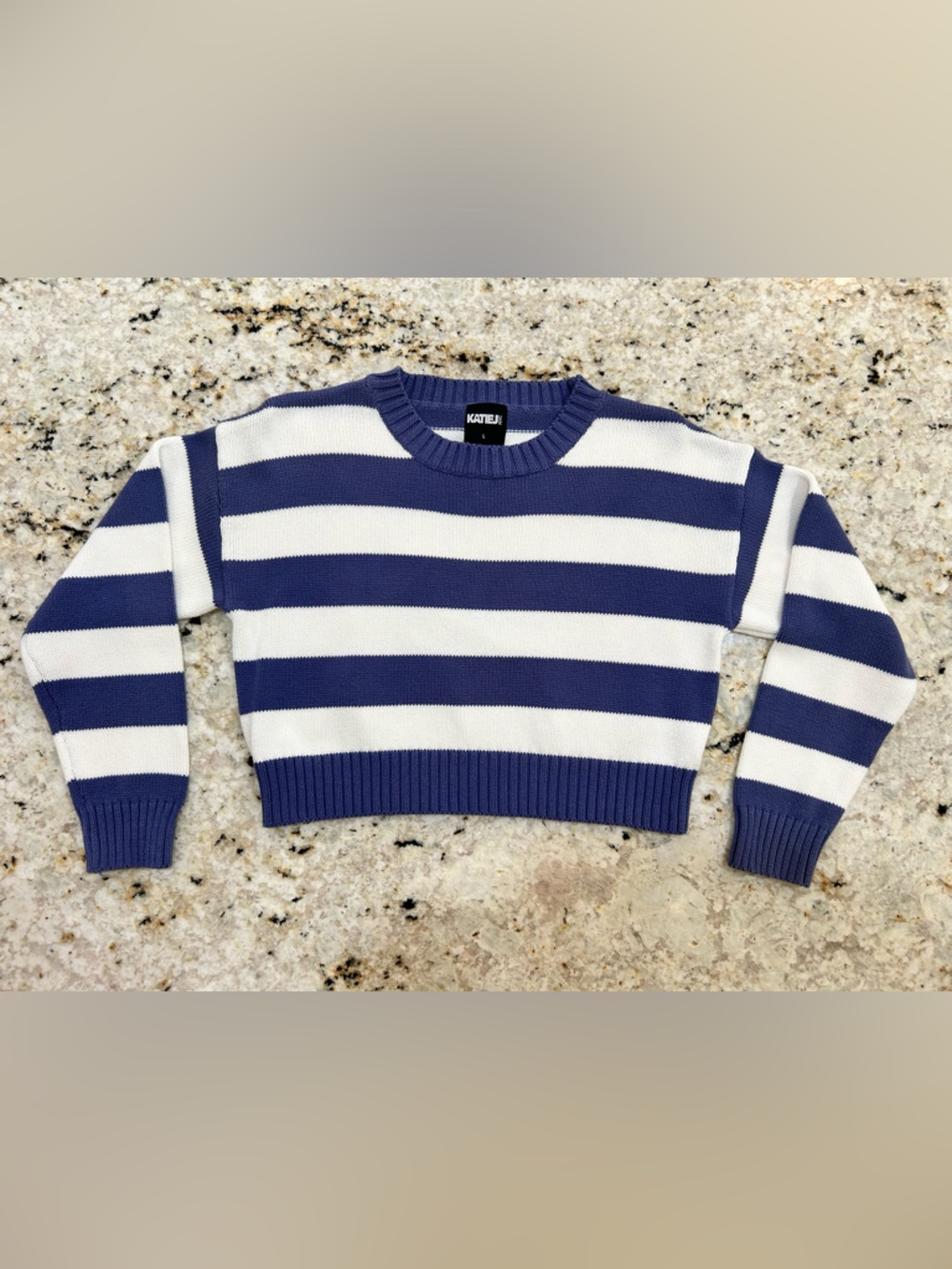 Katie J Blue and White Striped Cropped Sweater